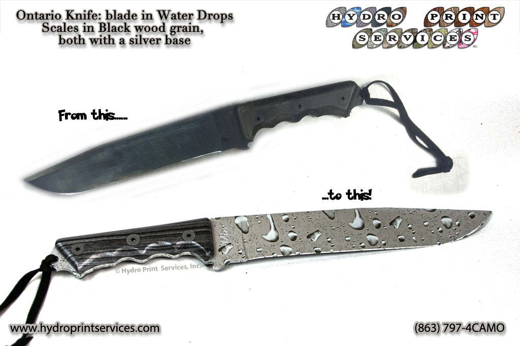 Ontario Knife printed in Water Drops and Black woodgrain
